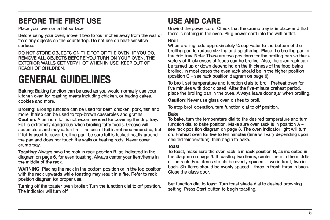 Cuisinart TOB-50BC manual General Guidelines, Before the first use, Use And Care 