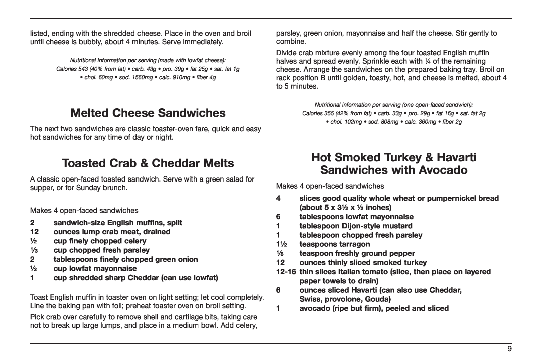 Cuisinart TOB-50BC manual Melted Cheese Sandwiches, Toasted Crab & Cheddar Melts, Hot Smoked Turkey & Havarti 