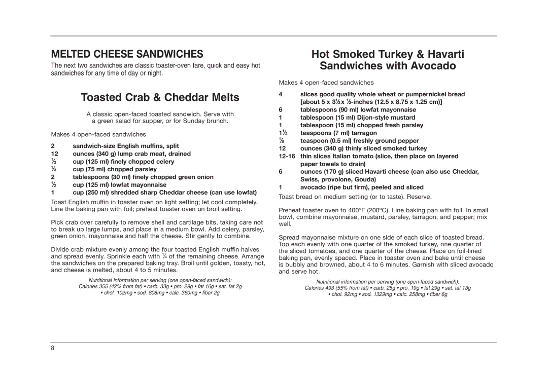 Cuisinart TOB-50BCC manual Melted Cheese Sandwiches, Toasted Crab & Cheddar Melts 