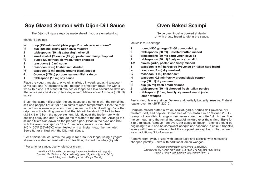 Cuisinart TOB-50BCC manual Soy Glazed Salmon with Dijon-Dill Sauce, Oven Baked Scampi 