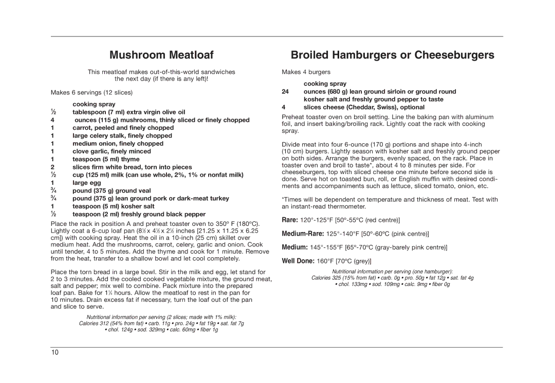 Cuisinart TOB-50BCC manual Mushroom Meatloaf, Broiled Hamburgers or Cheeseburgers, Cooking spray 