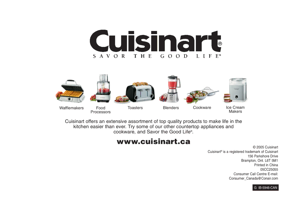 Cuisinart TOB-50BCC manual Wafflemakers Food Toasters Blenders Cookware Ice Cream 