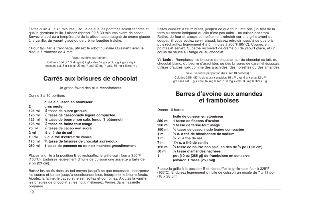 Cuisinart TOB-50BCC manual Carrés aux brisures de chocolat, Barres d’avoine aux amandes Et framboises, Gros oeufs 