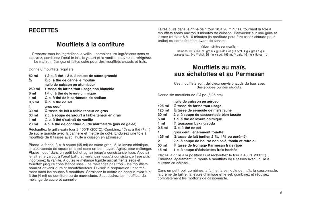 Cuisinart TOB-50BCC manual Recettes, Moufflets à la confiture, Moufflets au maïs Aux échalottes et au Parmesan 