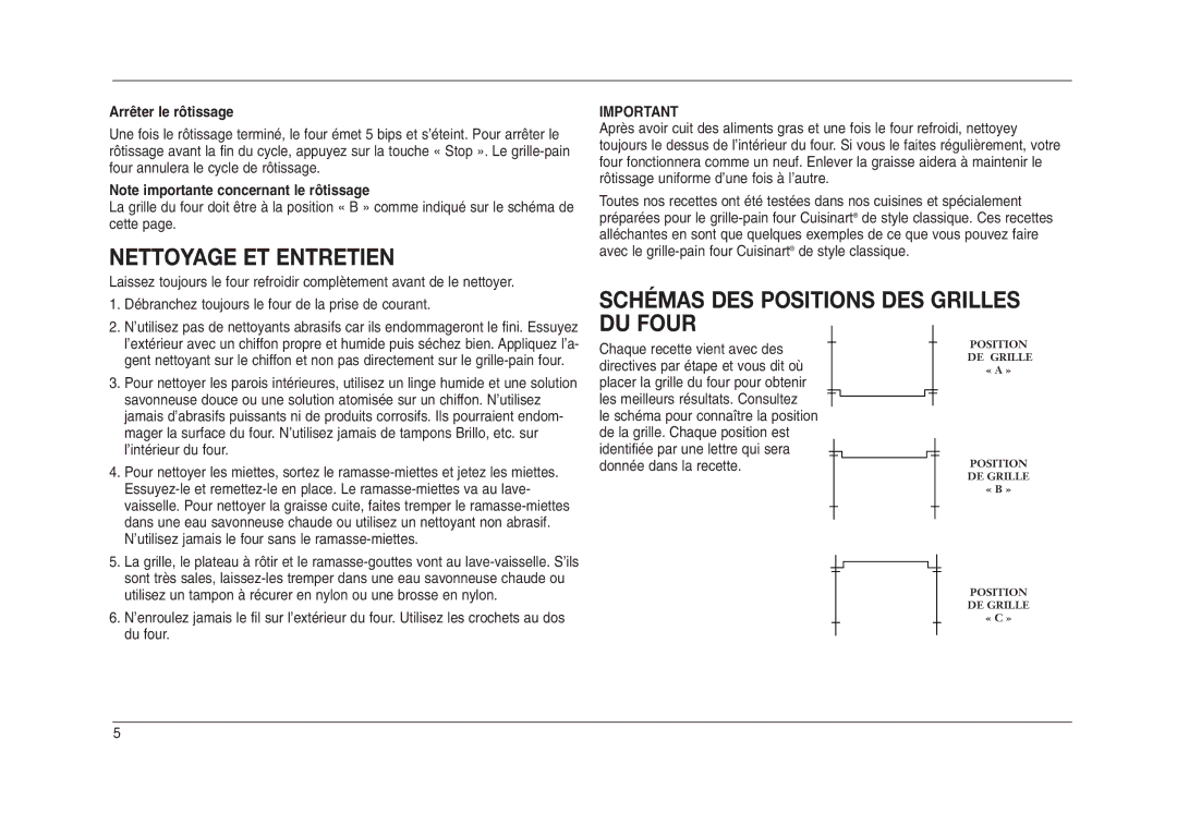 Cuisinart TOB-50BCC manual Nettoyage ET Entretien, Schémas DES Positions DES Grilles DU Four, Arrêter le rôtissage 