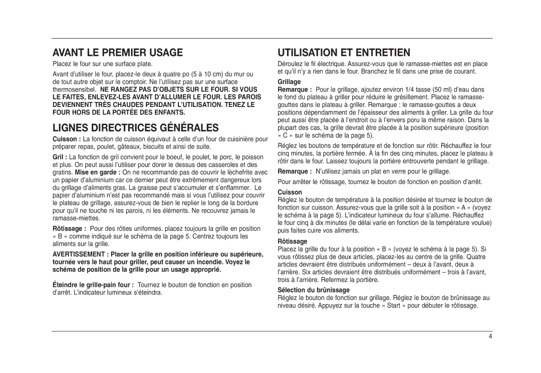 Cuisinart TOB-50BCC manual Avant LE Premier Usage, Lignes Directrices Générales, Utilisation ET Entretien 