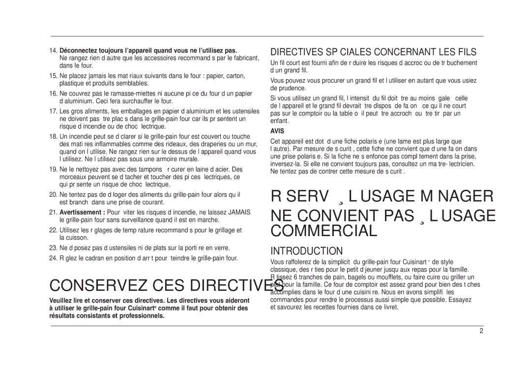 Cuisinart TOB-50BCC manual NE Convient PAS À L’USAGE Commercial 