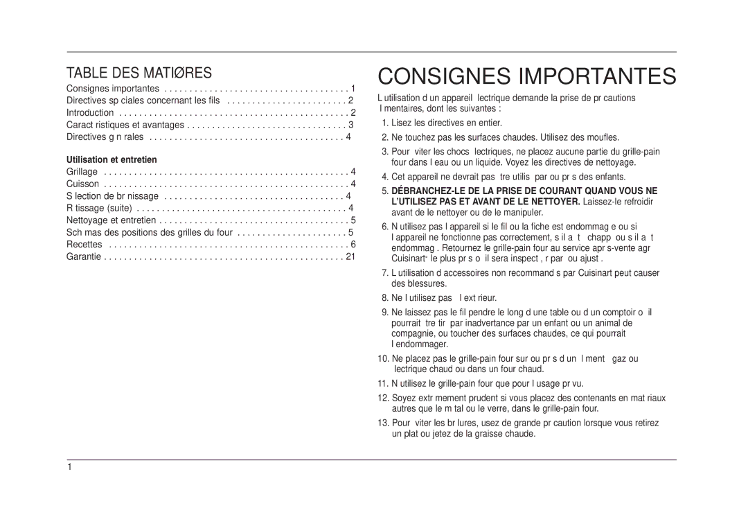 Cuisinart TOB-50BCC manual Table DES Matières, Utilisation et entretien 