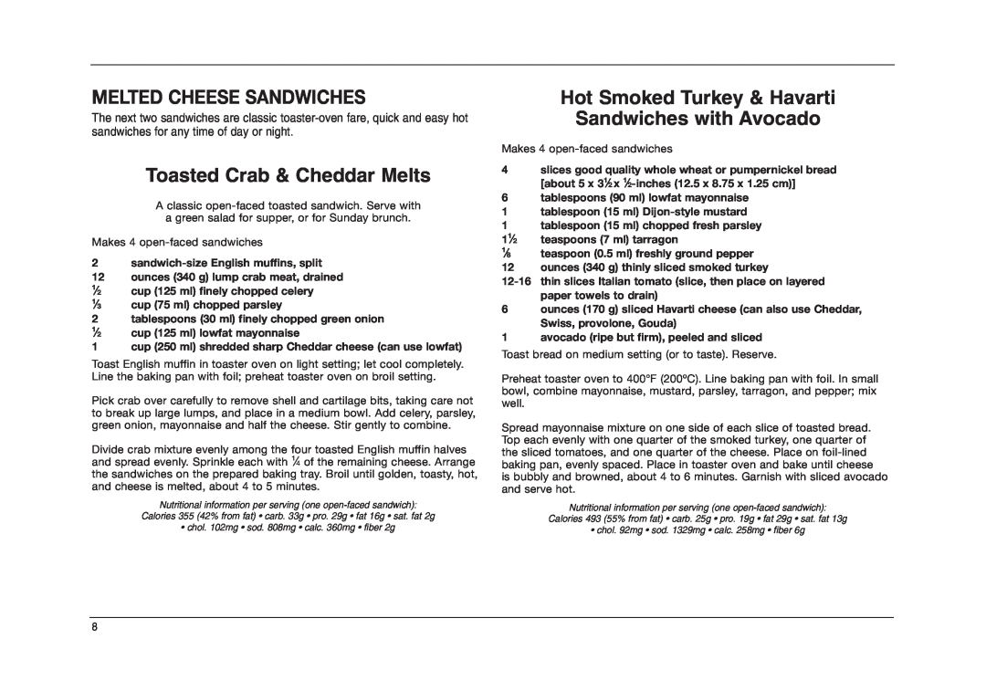 Cuisinart TOB-50BCC manual Melted Cheese Sandwiches, Toasted Crab & Cheddar Melts 