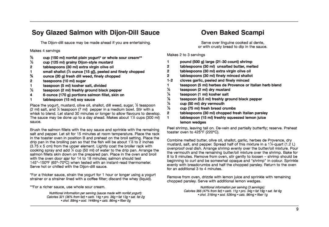 Cuisinart TOB-50BCC manual Soy Glazed Salmon with Dijon-Dill Sauce, Oven Baked Scampi 