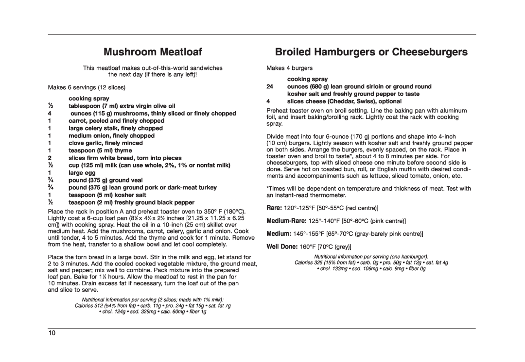 Cuisinart TOB-50BCC manual Mushroom Meatloaf, Broiled Hamburgers or Cheeseburgers 