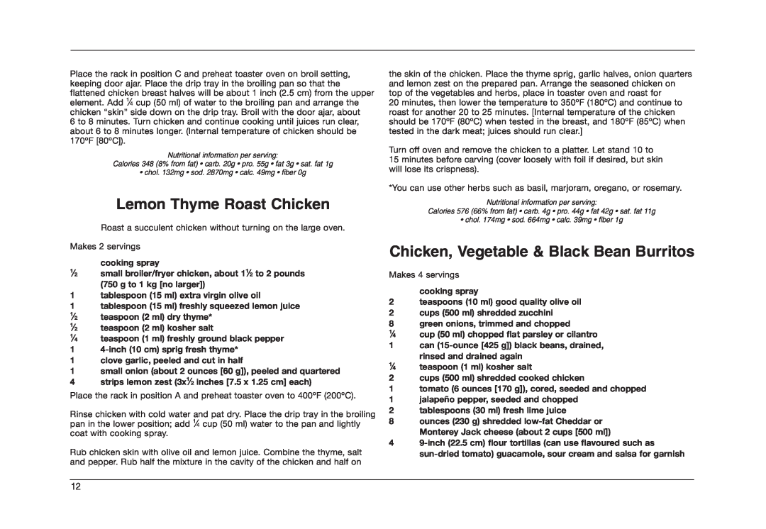 Cuisinart TOB-50BCC manual Lemon Thyme Roast Chicken, Chicken, Vegetable & Black Bean Burritos 