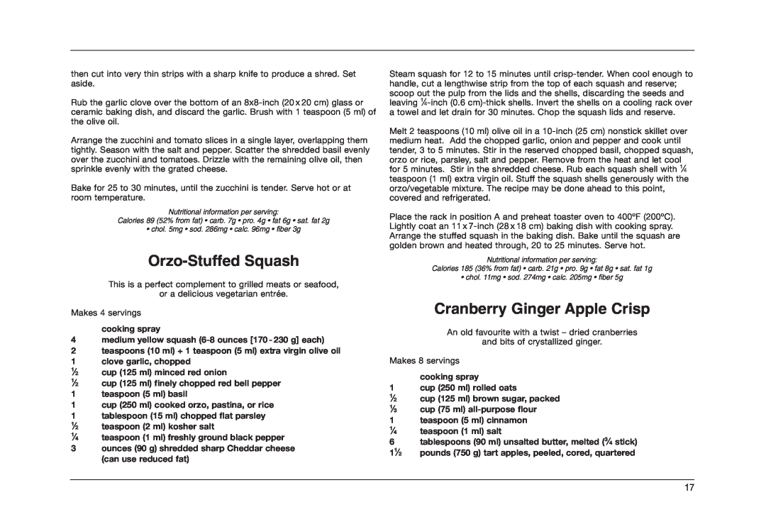 Cuisinart TOB-50BCC manual Orzo-Stuffed Squash, Cranberry Ginger Apple Crisp 