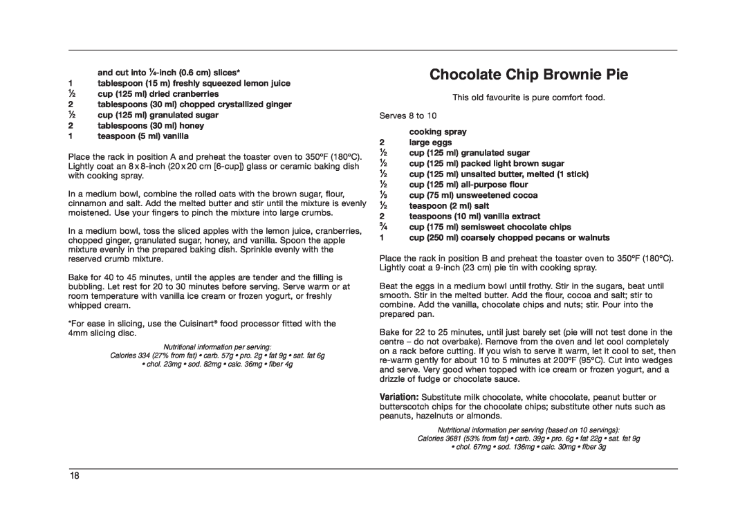 Cuisinart TOB-50BCC manual Chocolate Chip Brownie Pie 
