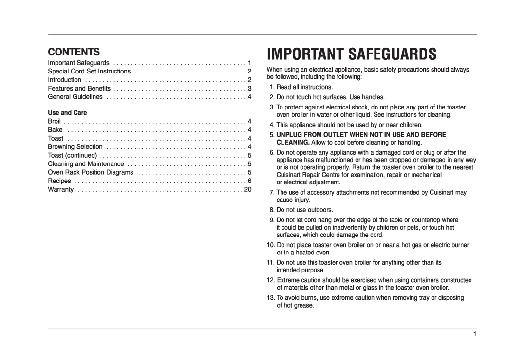 Cuisinart TOB-50BCC manual Important Safeguards, Contents, Use and Care 