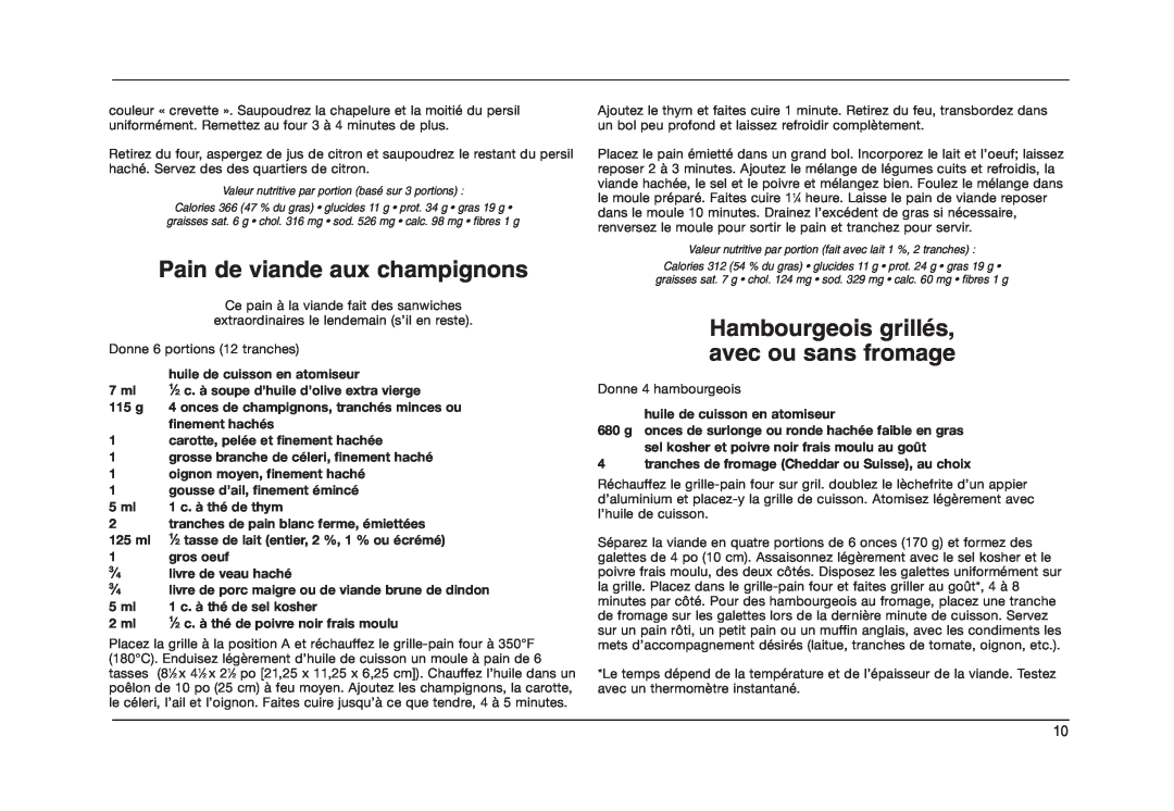 Cuisinart TOB-50BCC manual Pain de viande aux champignons, Hambourgeois grillés, avec ou sans fromage 