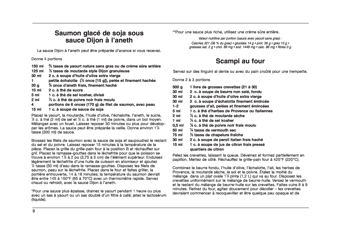Cuisinart TOB-50BCC manual Saumon glacé de soja sous sauce Dijon à l’aneth, Scampi au four 