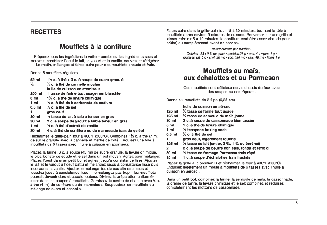 Cuisinart TOB-50BCC manual RECETTES Moufflets à la confiture, Moufflets au maïs aux échalottes et au Parmesan 