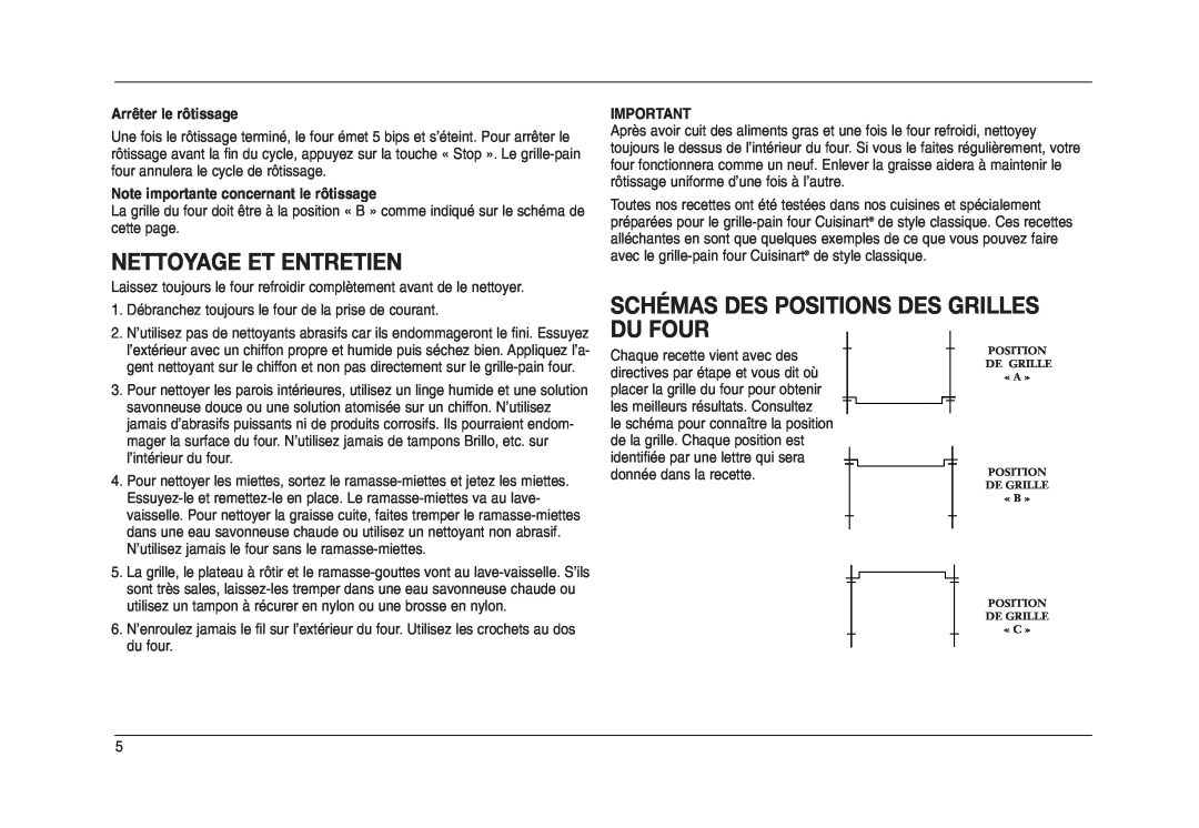 Cuisinart TOB-50BCC manual Nettoyage Et Entretien, Schémas Des Positions Des Grilles Du Four, Arrêter le rôtissage 