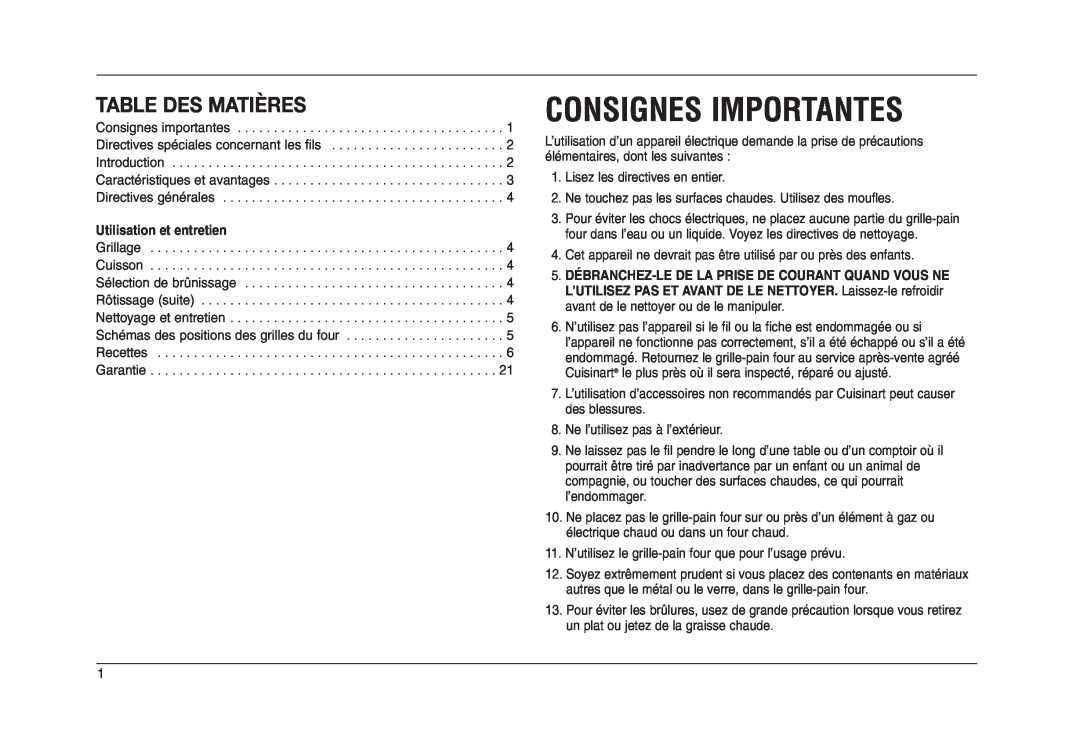 Cuisinart TOB-50BCC manual Consignes Importantes, Table Des Matières, Utilisation et entretien 