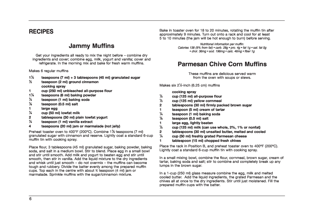 Cuisinart TOB-50BCC manual RECIPES Jammy Muffins, Parmesan Chive Corn Muffins 