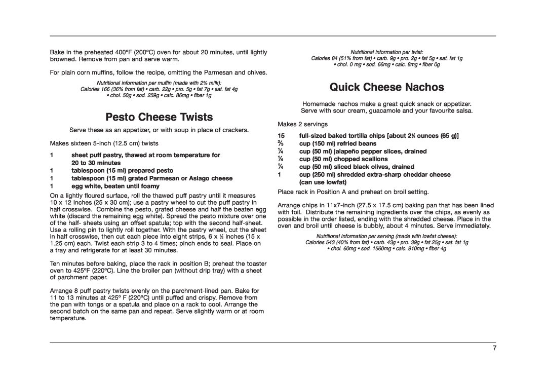 Cuisinart TOB-50BCC manual Pesto Cheese Twists, Quick Cheese Nachos 