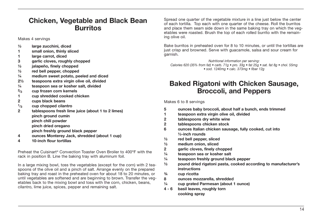 Cuisinart TOB-60 Series, IB-8099, TOB-160BCW manual Chicken, Vegetable and Black Bean Burritos 