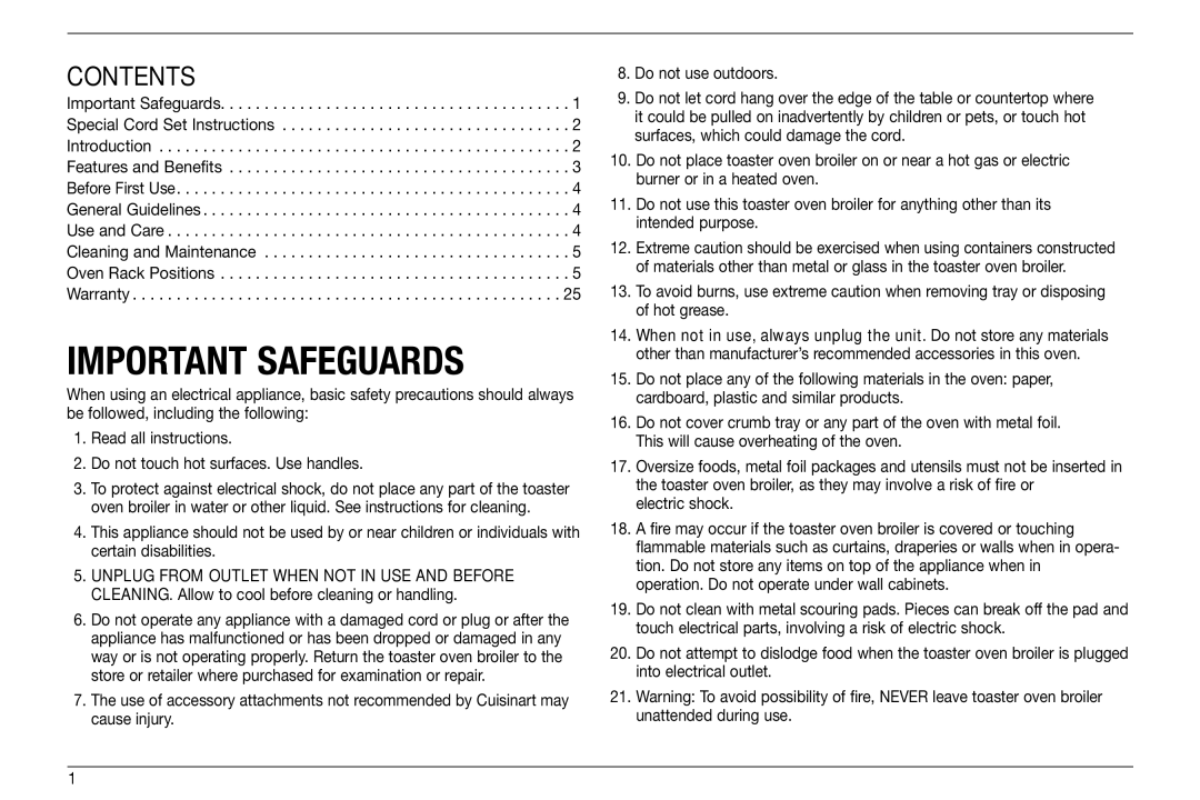 Cuisinart TOB-160BCW, TOB-60 Series, IB-8099 manual Important Safeguards, Contents 