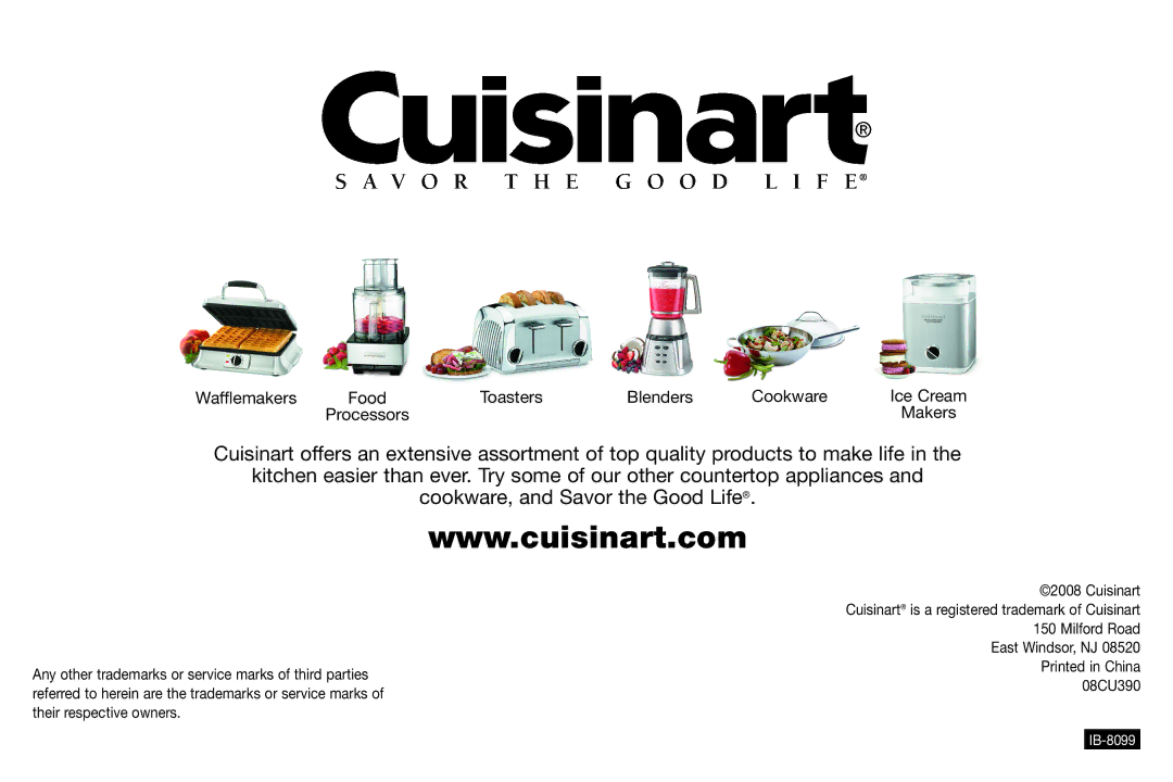 Cuisinart TOB-60 Series, IB-8099, TOB-160BCW manual Wafflemakers Food Toasters Blenders Cookware 