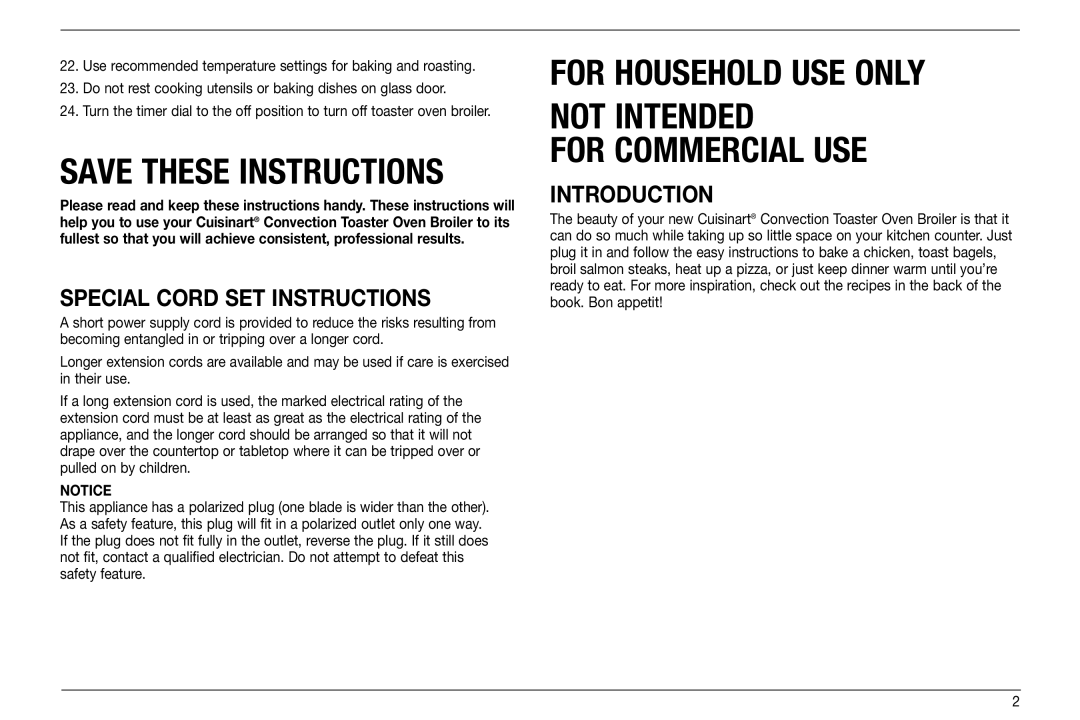 Cuisinart TOB-60 Series, IB-8099, TOB-160BCW manual Special Cord SET Instructions, Introduction 