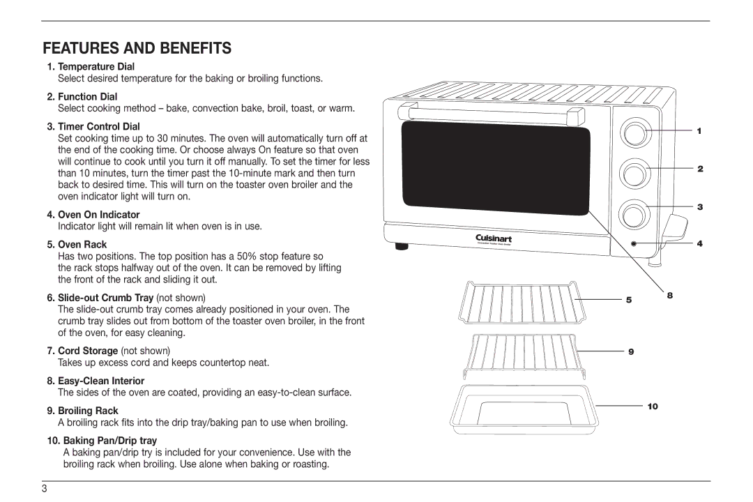 Cuisinart IB-8099, TOB-60 Series, TOB-160BCW manual Features and benefits, Timer Control Dial 