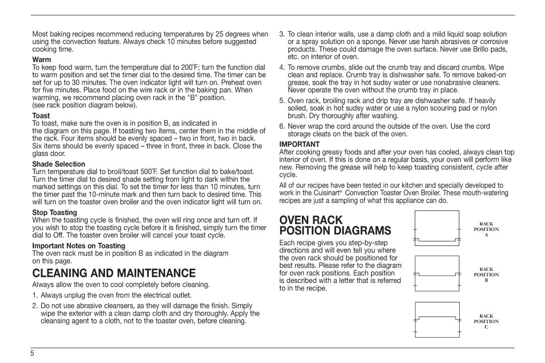 Cuisinart TOB-60 Series, IB-8099, TOB-160BCW manual Cleaning and Maintenance, Oven rack position diagrams 