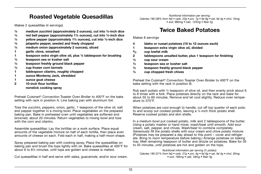 Cuisinart TOB-60N, 89220 manual Roasted Vegetable Quesadillas, Twice Baked Potatoes 