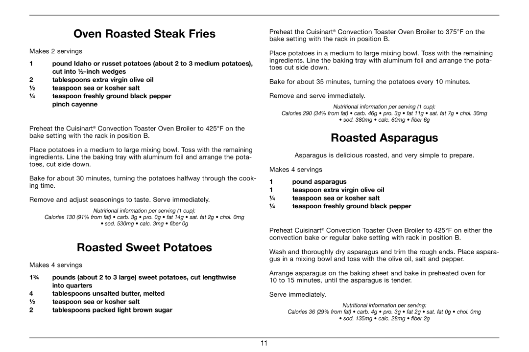 Cuisinart 89220, TOB-60N manual Oven Roasted Steak Fries, Roasted Sweet Potatoes, Roasted Asparagus 