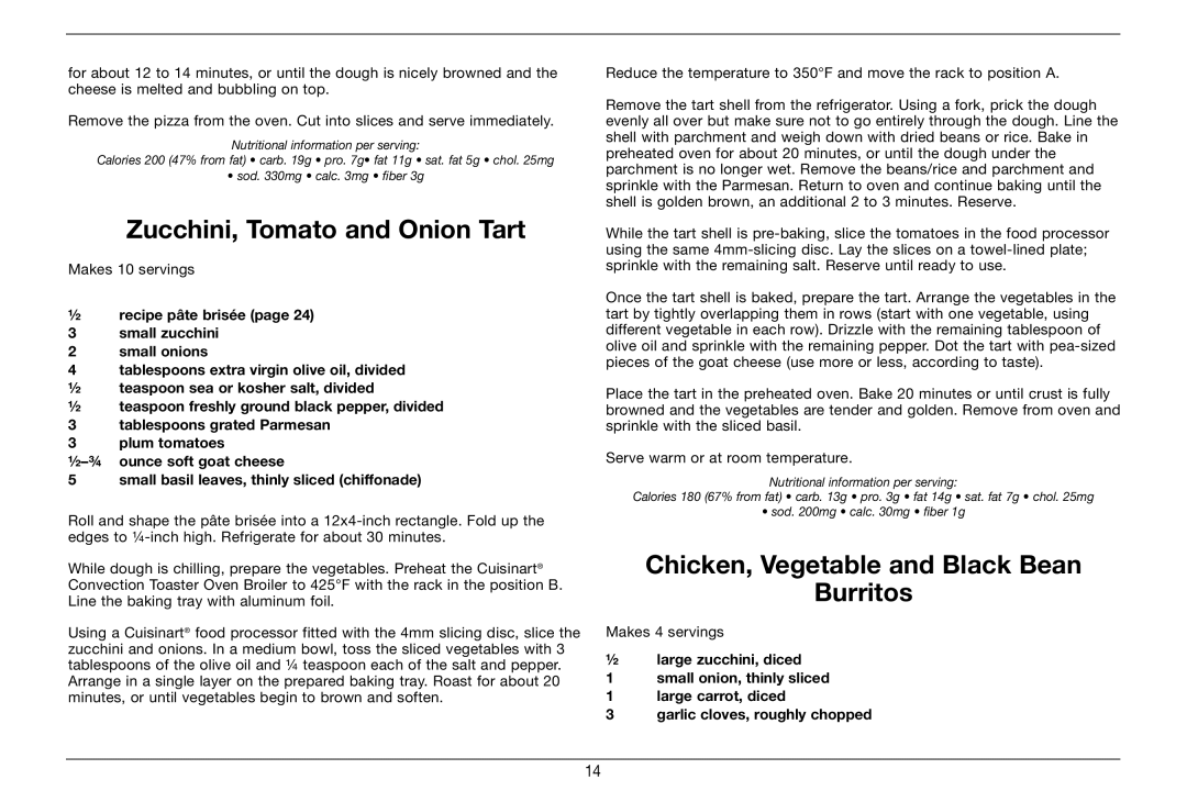 Cuisinart TOB-60N, 89220 manual Zucchini, Tomato and Onion Tart, Chicken, Vegetable and Black Bean Burritos 