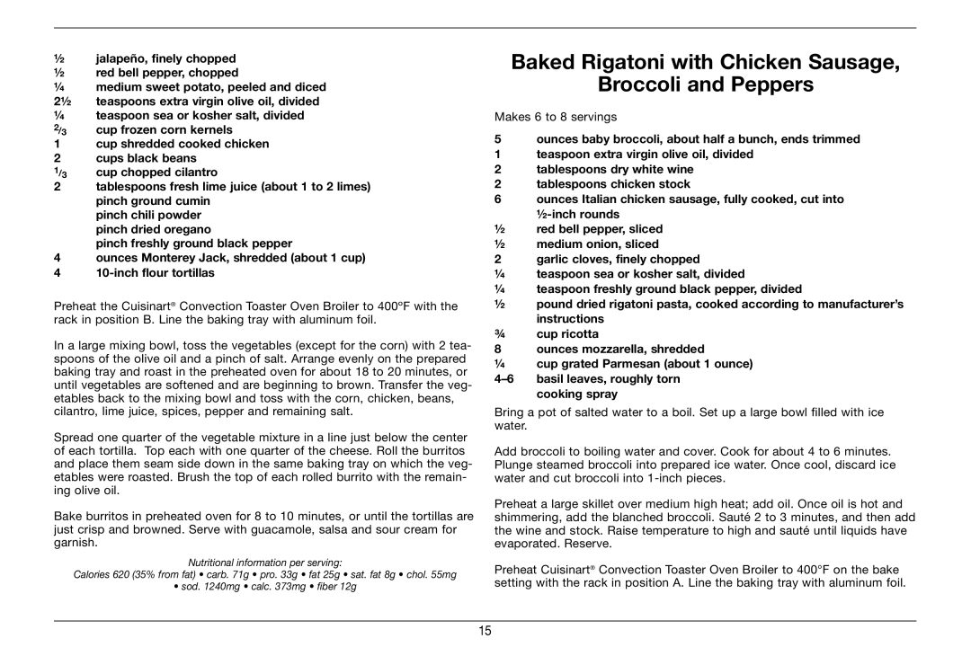 Cuisinart 89220, TOB-60N manual Baked Rigatoni with Chicken Sausage Broccoli and Peppers 