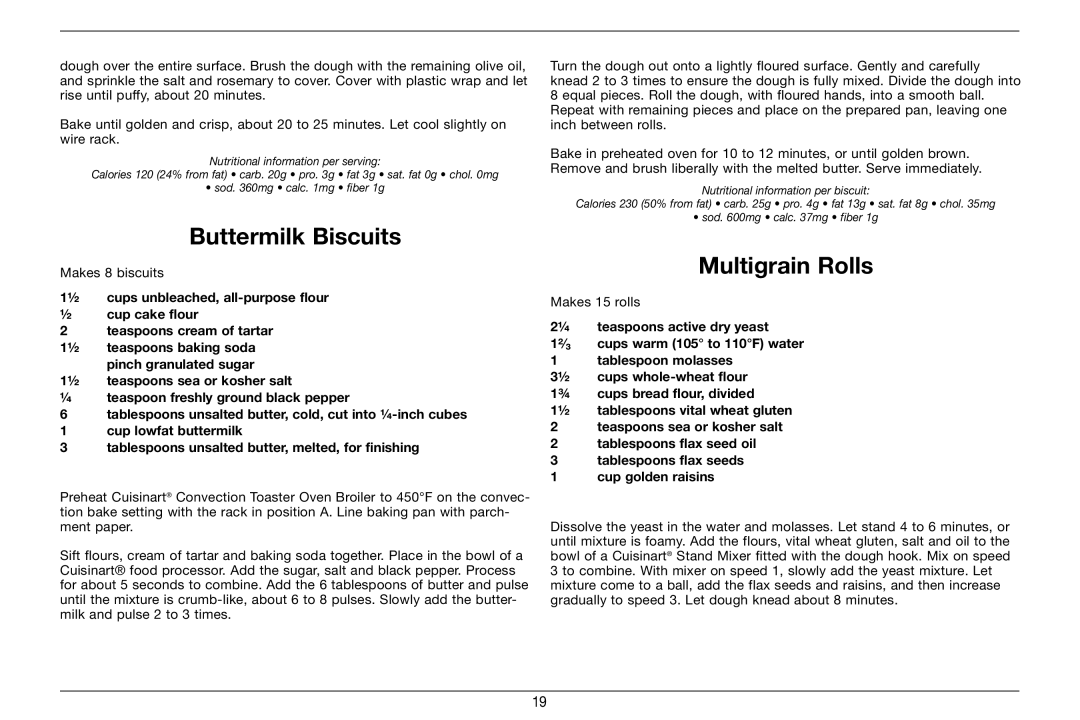 Cuisinart 89220, TOB-60N manual Buttermilk Biscuits, Multigrain Rolls 