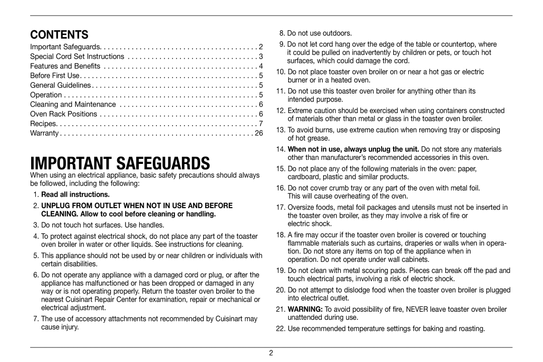 Cuisinart TOB-60N, 89220 manual Important Safeguards, Contents 