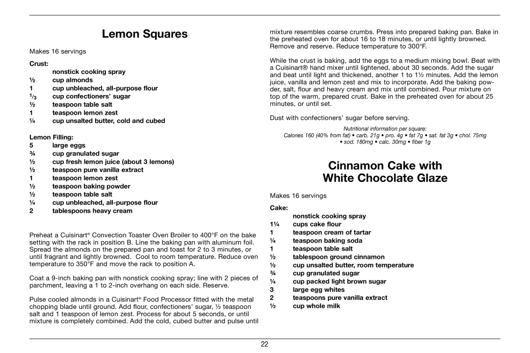 Cuisinart TOB-60N, 89220 manual Lemon Squares, Cinnamon Cake with White Chocolate Glaze 