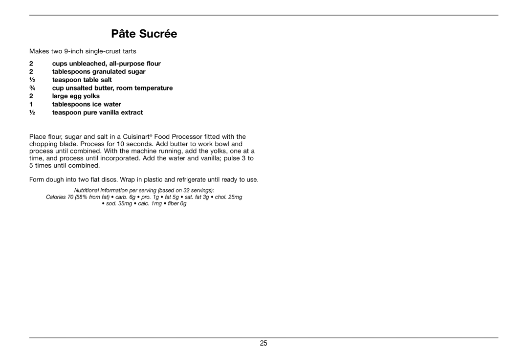 Cuisinart 89220, TOB-60N manual Pâte Sucrée 