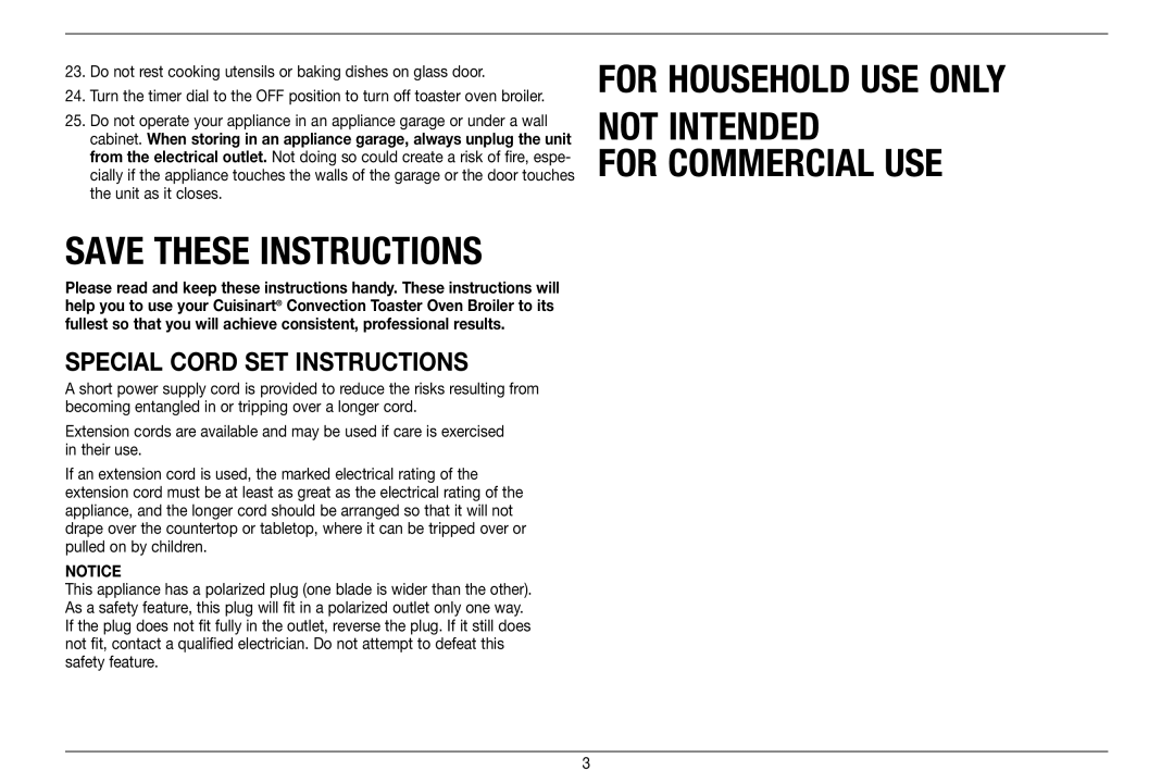 Cuisinart 89220, TOB-60N manual For Household USE only Not Intended For Commercial USE, Special Cord SET Instructions 