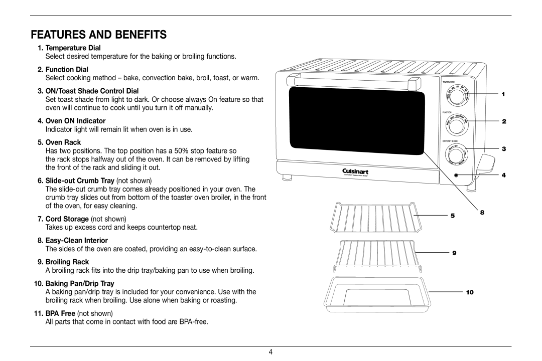 Cuisinart TOB-60N, 89220 manual Features and Benefits, ON/Toast Shade Control Dial 