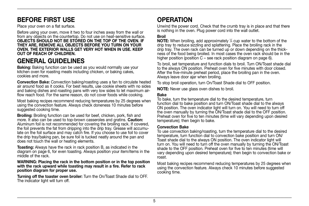 Cuisinart 89220, TOB-60N manual Before First USE, General Guidelines, Operation 