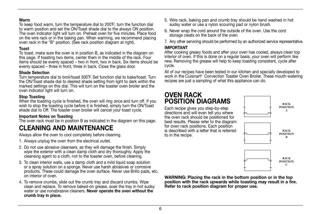 Cuisinart TOB-60N, 89220 manual Cleaning and Maintenance, Warm 