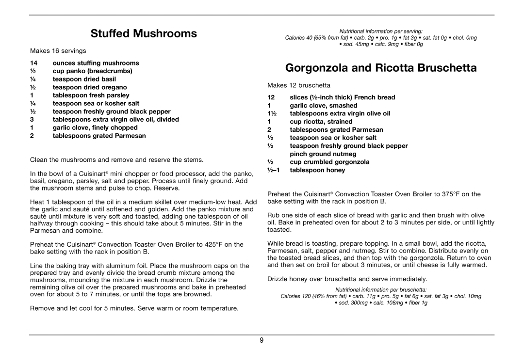 Cuisinart 89220, TOB-60N manual Stuffed Mushrooms, Gorgonzola and Ricotta Bruschetta 