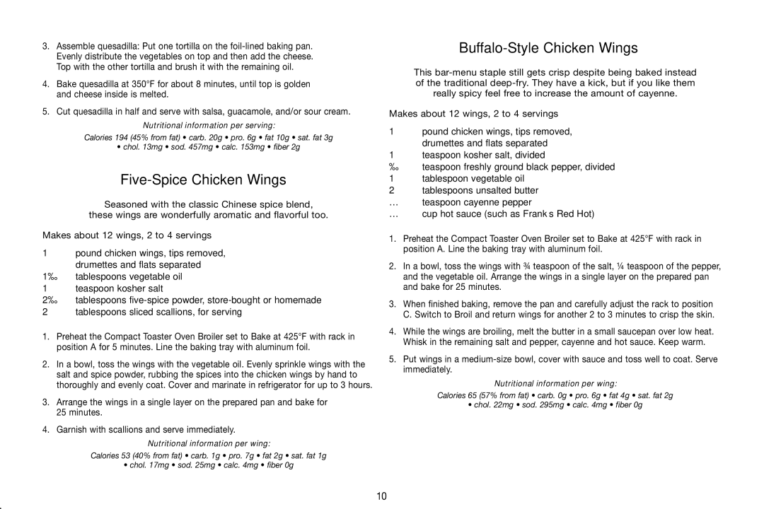 Cuisinart TOB-80 manual Five-Spice Chicken Wings, Buffalo-Style Chicken Wings, Nutritional information per wing 