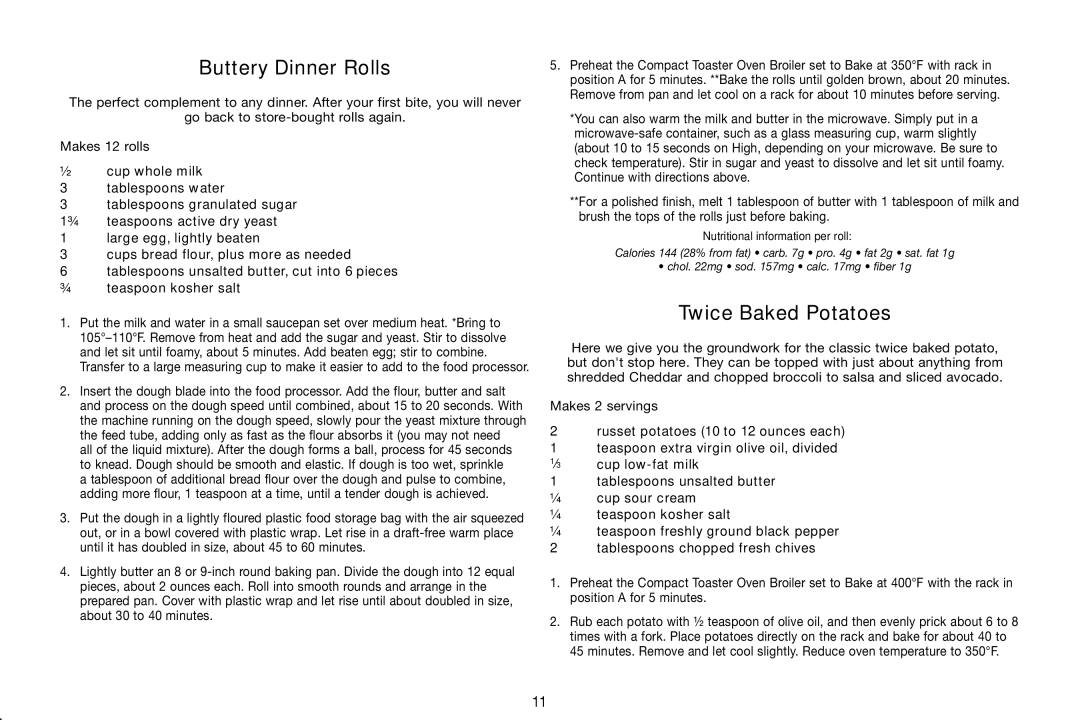 Cuisinart TOB-80 manual Buttery Dinner Rolls, Twice Baked Potatoes, Nutritional information per roll 