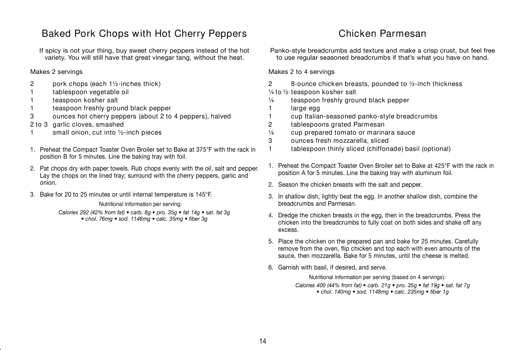 Cuisinart TOB-80 manual Baked Pork Chops with Hot Cherry Peppers, Chicken Parmesan 