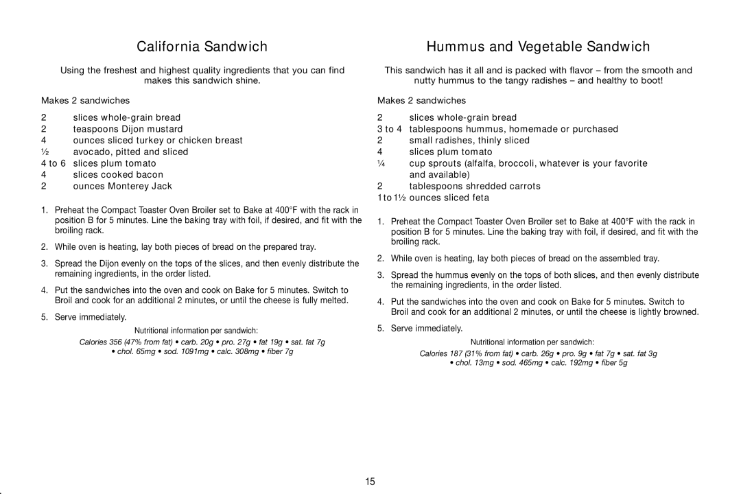 Cuisinart TOB-80 manual California Sandwich, Hummus and Vegetable Sandwich, Nutritional information per sandwich 