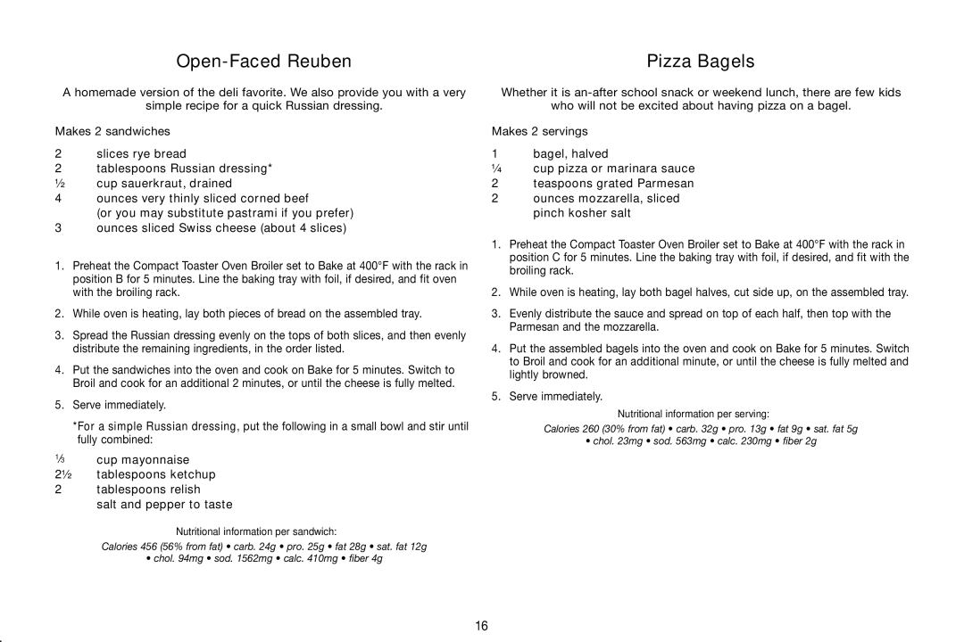 Cuisinart TOB-80 manual Open-Faced Reuben, Pizza Bagels 